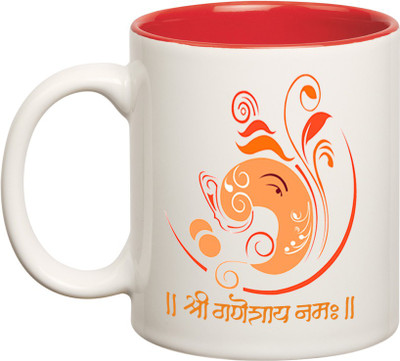 

Huppme Om Ganesha Orange Inner Red Ceramic Mug(350 ml), Red;white