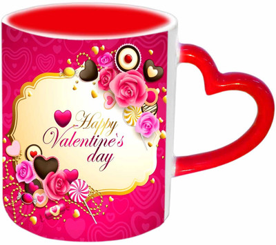 

Raj Laxmi Pink roses red handle valentine Ceramic Mug(350 ml)