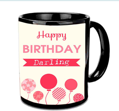 Raj Laxmi Balloons Design Happy B'day Black Ceramic Mug(3.5 ml)