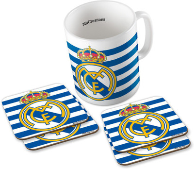

MiiCreations Printed Real Madrid C.F. (1 Ceramic + 4 MDF Coaster) Coaster Coffee Set Ceramic Mug(325 ml, Pack of 5), Multicolor