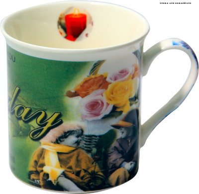 INDRA AND SARASWATI Happy B'day green color(300 ml) Ceramic Mug(300 ml), White