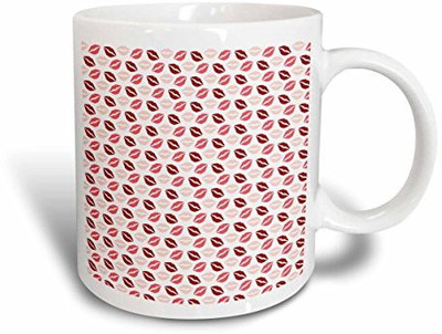 3dRose Red and Pink Kissing Lips Pattern Ceramic, 11 oz, White Ceramic Mug(60 ml)