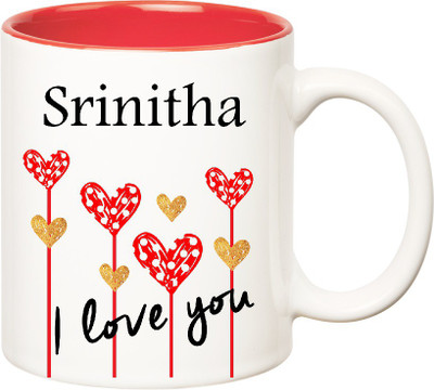Huppme I Love You Srinitha Inner Red (350 ml) Ceramic Mug(350 ml), Red;white