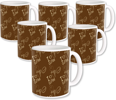 

Heyworlds Gifts for i love coffee Design set of six Ceramic Mug(325 ml, Pack of 6), Multicolor