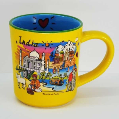 India Souvenirs Stoneware 10 Oz Yellow with Puffy India Subway Design Porcelain Mug(300 ml)