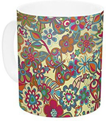 

Kess InHouse InHouse Julia Grifol My Butterflies and Flowers in Yellow Ceramic Coffee, 11 oz, Multicolor Ceramic Mug(60 ml)