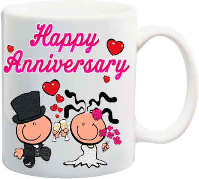 

ME&YOU Gift for Husband/Wife/Hubby/Wifey;Happy Anniversary With Cartoon Printed Ceramic Mug(325 ml), Multicolor