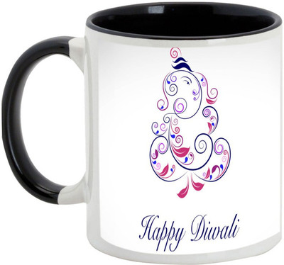 

AllUPrints Gifts For Diwali - Happy Deepawali Abstract Art Ceramic Mug(325 ml), Black