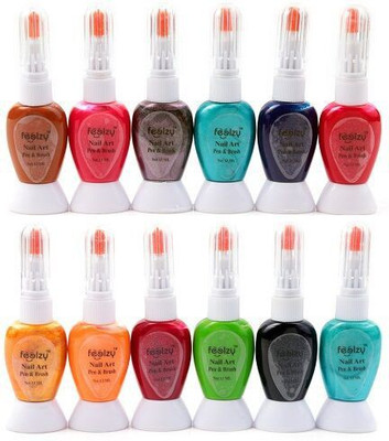 

Foolzy Pack of 12 Twoway Nail Art Paint With Pen(Pink::Blue::White::Golden::Green::Purple::Red::Orange)