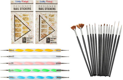 

Looks United 15 Nail Art Brushes, 5 Dotting Tools And 2 Golden Pre-Designed Sticker Sheets ( Pack of 22 )(Multi)