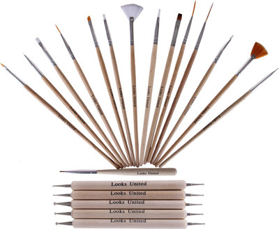 

Looks United Pack Of 15 Nail Art Brushes And 5 Two Way Dotting Tools Wood Color(Wooden)