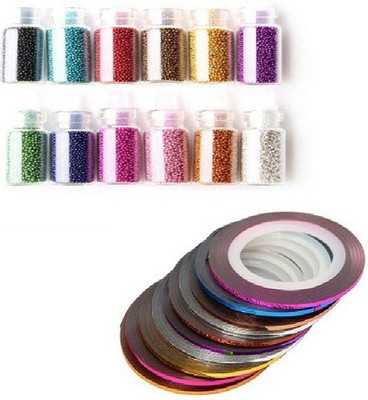 

Sangaitap Special Combo Offer of 1 set Fashion Caviar Nails Beads 12 Colors And 10 pcs 3D Nail Art Rolls Stickers(Mix)