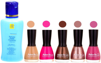 

Fashion Bar Nail Polish With Free Rythmx Nail Polish Remover Combo Offer (Neon Shades at Incredible Value) 1501 Nude,Pink,Brown,Shimmer,Voilet(Pack of 5)