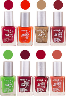

Aroma Care Orange Matte Nail Polish Combo 0107201602 Maroon, Orange, Golden, Maroon, Green, Magenta, Light Orange, Red, Peach, Purple, Pink, Blue, Yellow, Black, Base Coat, Nude(Pack of 8)