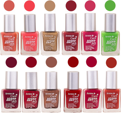 

Aroma Care Pink Nail Polish Combo 25081601 Orange, Pink, Golden, Maroon, Peach, Green, Purple, Silver, Blue, Yellow, Base Coat, Black(Pack of 12)