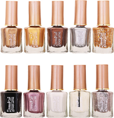 

Aroma Care Wholesale Rate Nail Polish Set of 10 Pcs (Multicolor) 06 Golden, Light Golden, Brown, Silver, Golden Sparkle, Black, White, Base Coat, Silver Sparkle(Pack of 10)