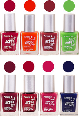 

Aroma Care Orange Matte Nail Polish Combo 0107201686 Maroon, Orange, Golden, Maroon, Green, Magenta, Light Orange, Red, Peach, Purple, Pink, Blue, Yellow, Black, Base Coat, Nude(Pack of 8)