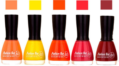 

Fashion Bar Peach ,Yellow ,Dark ,Orange ,Pink ,Maroon Shades Nail Polish 145351 Peach ,Yellow ,Dark ,Orange ,Pink ,Maroon(Pack of 5)