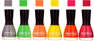 

Fashion Bar Long Stay Pack of 6 Unique Nail Polish Combo 325 Gray ,green,Peach,Yellow,orange,pink(Pack of 6)