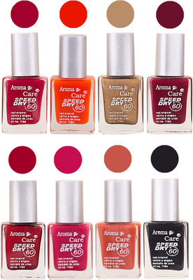 

Aroma Care Orange Matte Nail Polish Combo 0107201632 Maroon, Orange, Golden, Maroon, Green, Magenta, Light Orange, Red, Peach, Purple, Pink, Blue, Yellow, Black, Base Coat, Nude(Pack of 8)