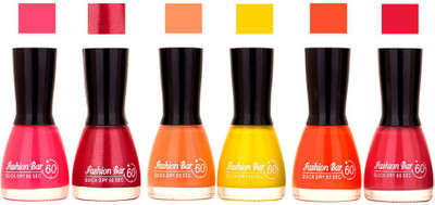 

Fashion Bar Long Stay Pack of 6 Unique Nail Polish Combo 301 Neon Pink ,shimmer Mazanta , peach ,Yellow, Orange , pink(Pack of 6)