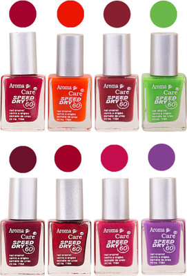 

Aroma Care Orange Matte Nail Polish Combo 0107201683 Maroon, Orange, Golden, Maroon, Green, Magenta, Light Orange, Red, Peach, Purple, Pink, Blue, Yellow, Black, Base Coat, Nude(Pack of 8)