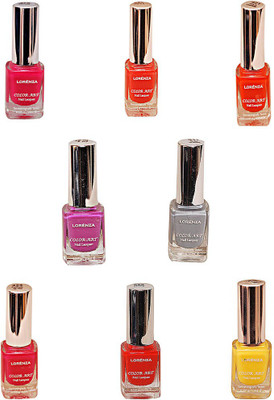 

Lorenza Combo Set-27 Nail Lacquer (Pack Of 8) Hello Yellow-250, Fuchsia Its Hot-324, Vibrant-375, For a Change-421, This Is It-455, Cherry-566, Excuse Me-672, Grey Shades-911(Pack of 8)