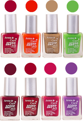 

Aroma Care Orange Matte Nail Polish Combo 0107201617 Maroon, Orange, Golden, Maroon, Green, Magenta, Light Orange, Red, Peach, Purple, Pink, Blue, Yellow, Black, Base Coat, Nude(Pack of 8)
