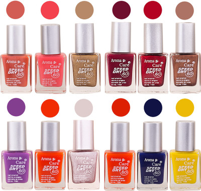 

Aroma Care Orange Nail Polish Combo 909201614 Orange, Pink, Golden, Maroon, Nude, Green, Red, Purple, Silver, Blue, Yellow, Magenta, Peach, Black(Pack of 12)