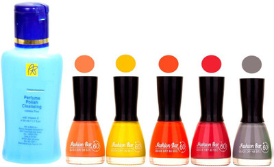 

Fashion Bar Nail Polish With Free Rythmx Nail Polish Remover Combo Offer (Neon Shades at Incredible Value) 1511 Peach,Yellow,Orange,Pearl Pink,Grey(Pack of 5)