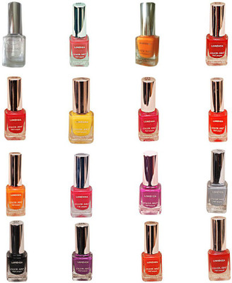 

Lorenza Combo Set-1 Nail Lacquer (Pack Of 16) Base & Coat-010, Hellow Yellow-250, Sunflower-262, Kiss Me309, Girlie-315, Fuchsia-Its Hot-324, Bombshell-340, OMG-404, Funky-438, Las Veaas-472, Rrred-515, Party Time-550, Lavender-625, Attitude-630, Black Di