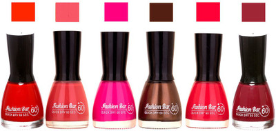 

Fashion Bar Long Stay Pack of 6 Unique Nail Polish Combo 312 Red , silver Glitter ,mazanta ,Brown ,Neon Pink , move(Pack of 6)