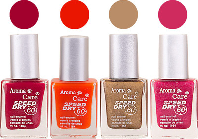 

Aroma Care Maroon Nail Polish Combo 2506201612 Maroon, Orange, Golden, Pink(Pack of 4)