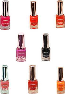 

Lorenza Combo Set-21 Nail Lacquer (Pack Of 8) Sunflower-262, Girlie-315, Vibrant-375, OMG-404, Las Veaas-472, Party Time-550, Attitude-630, Black Diamond-900(Pack of 8)
