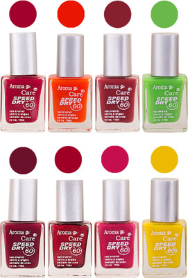 

Aroma Care Orange Matte Nail Polish Combo 0107201687 Maroon, Orange, Golden, Maroon, Green, Magenta, Light Orange, Red, Peach, Purple, Pink, Blue, Yellow, Black, Base Coat, Nude(Pack of 8)
