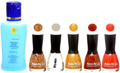 

Fashion Bar Nail Polish With Free Rythmx Nail Polish Remover Combo Offer (Neon Shades at Incredible Value) 1506 Gold Jari,Transperent,Gold Shimmer,Cola Jari,Orange Jari(Pack of 5)