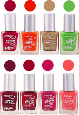 

Aroma Care Orange Matte Nail Polish Combo 0107201618 Maroon, Orange, Golden, Maroon, Green, Magenta, Light Orange, Red, Peach, Purple, Pink, Blue, Yellow, Black, Base Coat, Nude(Pack of 8)
