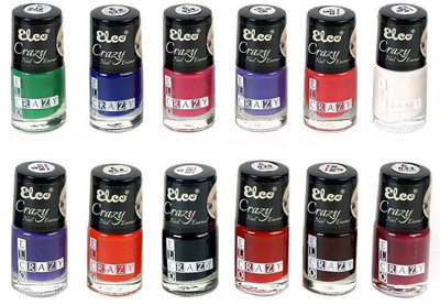 

Elco Crazy Nail Enamel(pack of 12) Forest Green, Indigo Blue, Cerise Pink, Iris Purple, Fuchsia pink, Milky White, Sapphire Blue, Salamander Orange, Pitch Black, Scarlett Red, Dark Maroon, Wine Purple(Pack of 12)