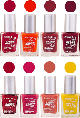 

Aroma Care Orange Matte Nail Polish Combo 0107201697 Maroon, Orange, Golden, Maroon, Green, Magenta, Light Orange, Red, Peach, Purple, Pink, Blue, Yellow, Black, Base Coat, Nude(Pack of 8)