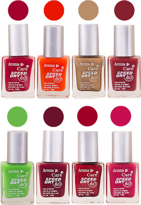 

Aroma Care Orange Matte Nail Polish Combo 0107201601 Maroon, Orange, Golden, Maroon, Green, Magenta, Light Orange, Red, Peach, Purple, Pink, Blue, Yellow, Black, Base Coat, Nude(Pack of 8)