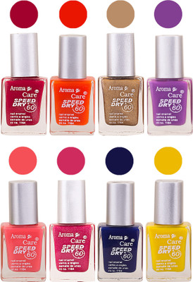 

Aroma Care Orange Matte Nail Polish Combo 0107201673 Maroon, Orange, Golden, Maroon, Green, Magenta, Light Orange, Red, Peach, Purple, Pink, Blue, Yellow, Black, Base Coat, Nude(Pack of 8)