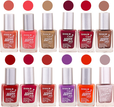 

Aroma Care Pink Nail Polish Combo 25081611 Orange, Pink, Golden, Maroon, Peach, Green, Purple, Silver, Blue, Yellow, Base Coat, Black(Pack of 12)
