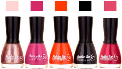 

Fashion Bar Shimmer Pink ,Voilet Orange ,Black ,Mauve Shades Nail Polish 145337 Shimmer Pink ,Voilet Orange ,Black ,Mauve(Pack of 4)