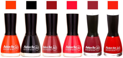 

Fashion Bar Long Stay Pack of 6 Unique Nail Polish Combo 329 Orange,Black,redish Brown,Redish pink,shimmer mazanta,(Pack of 6)