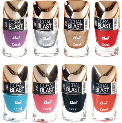 

Elco Coral Nail Polish Exclusive Combo(pack of 8) Electric Silver, Cherry Red, Hot Pink, Golden Hue, Lilac Purple, Pumpkin Orange, Sky Blue, Midnight Black(Pack of 8)