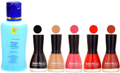 

Fashion Bar Nail Polish With Free Rythmx Nail Polish Remover Combo Offer (Neon Shades at Incredible Value) 1521 Black,Nude,Pink,Sunset Red,Brown