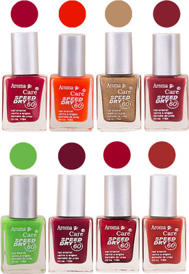 

Aroma Care Orange Matte Nail Polish Combo 0107201605 Maroon, Orange, Golden, Maroon, Green, Magenta, Light Orange, Red, Peach, Purple, Pink, Blue, Yellow, Black, Base Coat, Nude(Pack of 8)