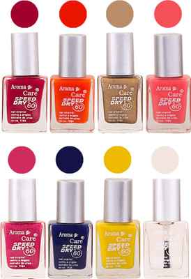 

Aroma Care Orange Matte Nail Polish Combo 0107201677 Maroon, Orange, Golden, Maroon, Green, Magenta, Light Orange, Red, Peach, Purple, Pink, Blue, Yellow, Black, Base Coat, Nude(Pack of 8)