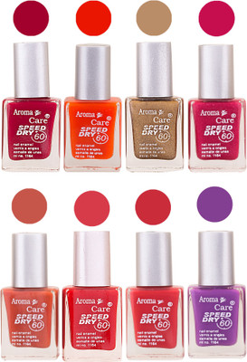 

Aroma Care Orange Matte Nail Polish Combo 0107201644 Maroon, Orange, Golden, Maroon, Green, Magenta, Light Orange, Red, Peach, Purple, Pink, Blue, Yellow, Black, Base Coat, Nude(Pack of 8)