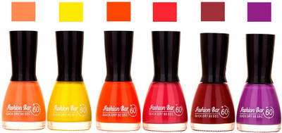 Flipkart - Fashion Bar Long Stay Pack of 6 Unique Nail Polish Combo 324 Peach, yellow, Orange , pink, cherry , purple(Pack of 6)